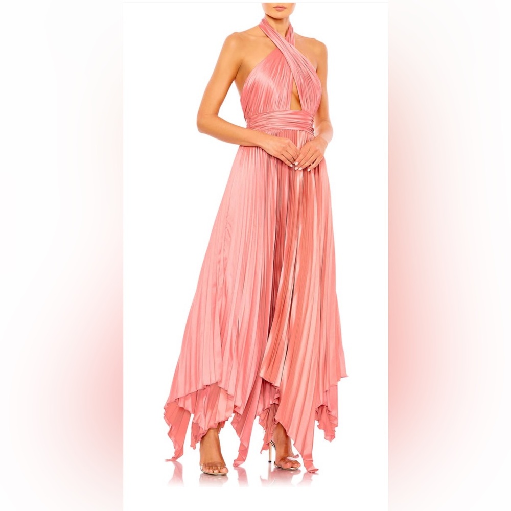 Mac Duggal Pleated Satin Halter Dress